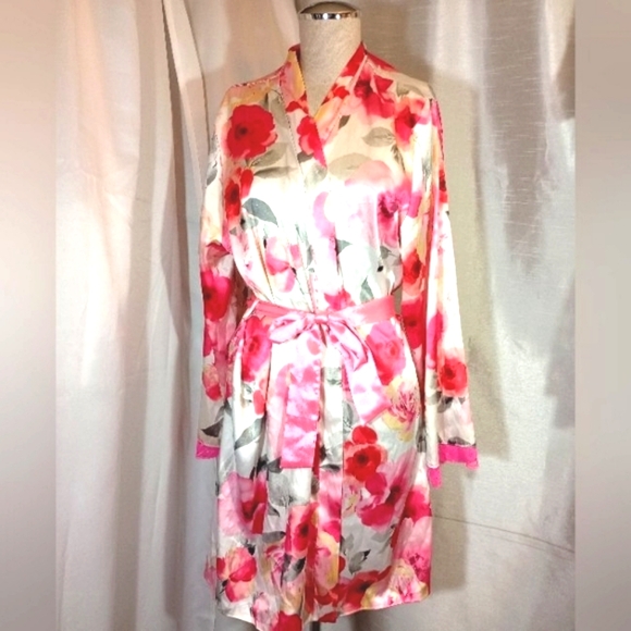 2Pc:Rose Satin Robe+Slip: Floral Pinks & White, Satin+ Lace, Tie, Straps, M - Picture 3 of 16